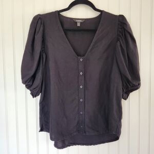 EXPRESS Black Essential Linen Blend VNeck Puff Sleeve Button Front Blouse Medium